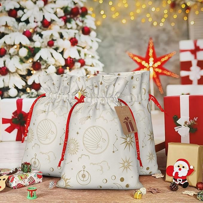Boho Chic Sun Moon Galaxy Stars Clouds Christmas Gift Bags Christmas Treat Bags Cloth Christmas Gift Bag Drawstring Christmas Bags for Gifts Favor Bags Reusable Xmas Gift Bags for Holiday Party