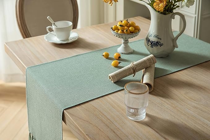 ZeeMart Sage Table Runners 108 Inches Long, Burlap Linen Style Rustic Farmhouse Table Runner, Long Boho Dining Table Runner, 13x108 Inches, Seafoam