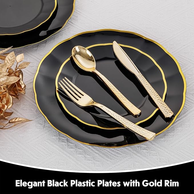 supernal 60pcs Black and Gold Birthday Plates Plastic Plates for Party and Fancy Disposable Plate Heavy Duty Scalloped Plate Wedding Disposable Dinnerware Included 30 Dessert & Dinner Plate