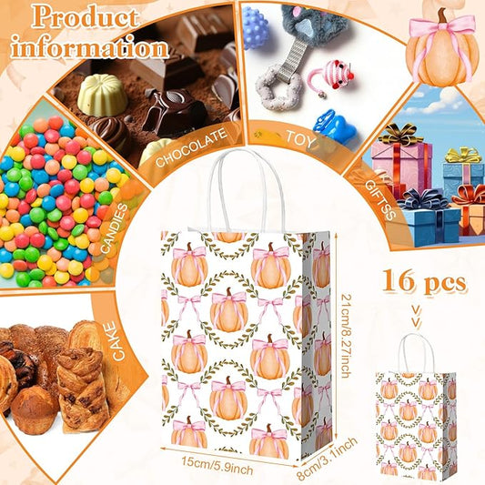 Kolldenn 16 Pcs Coquette Pumpkin Bow Paper Gift Bags Women Birthday Thanksgiving Party Favor Goodie Candy Bags with Handles for Bridal Engagement Party Supplies 8.3 x 5.9 x 3.1 In(White, Pumpkin Bow)