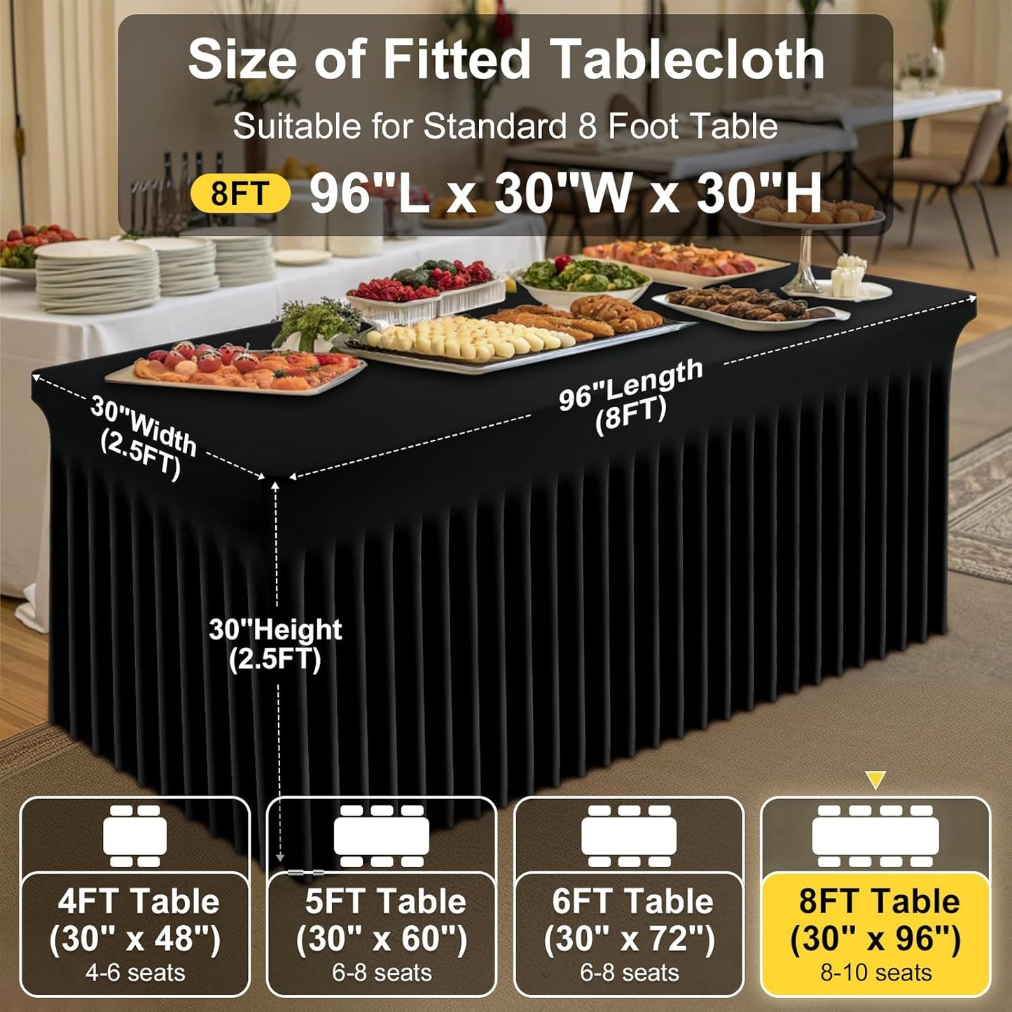 Smiry Spandex Tablecloth 2 Pack, Elastic Fitted Stretch Tablecloth for 8FT Rectangle Tables, Waterproof Washable Table Cover Skirt for Outdoor, Wedding, Banquet & Parties (Black, 96Lx30Wx30H Inch)