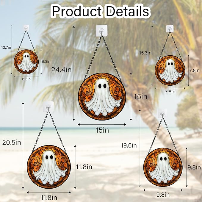 Stained Glass Window Hanging - Halloween Decoration Cute Ghost Suncatcher for Doors Garden Orange Black Spooky Sun Catchers Gothic Decor Horror Gifts for Women Men Friend Boy Girl 11.8 in