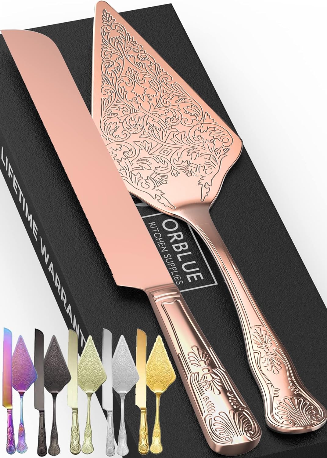 Orblue Wedding Cake Knife and Server Set - Premium, Beautifully Engraved Cutting Set - Elegant Keepsake for Newlyweds Rose Gold