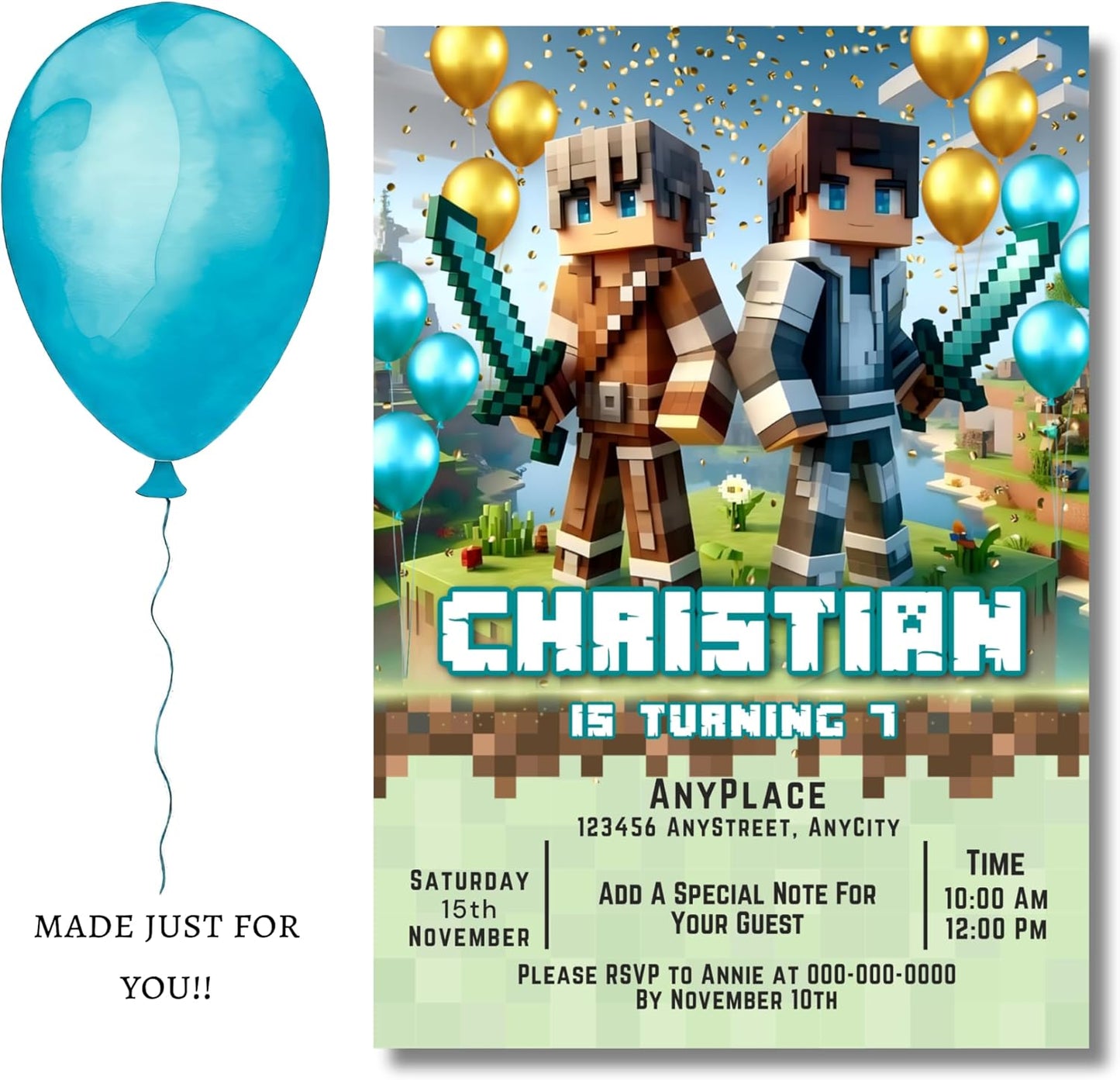 Fully Customizable minecraft Birthday Party Invitations, 4 x 6 inches, with Self-Sealing Envelopes, Gaming Theme Design, minecraft Birthday Invitations for Boys and Girls (Minecraft/Friend's)