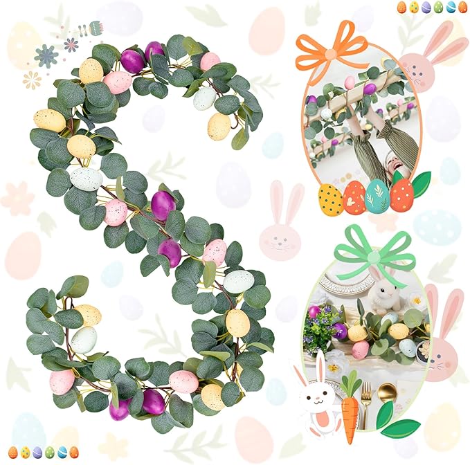 MAKHOT 2PCS 6.6Ft Easter Garland for Mantle Fireplace, Green Vines and Artificial Colored Eggs Garland Easter Decor for Home Indoor