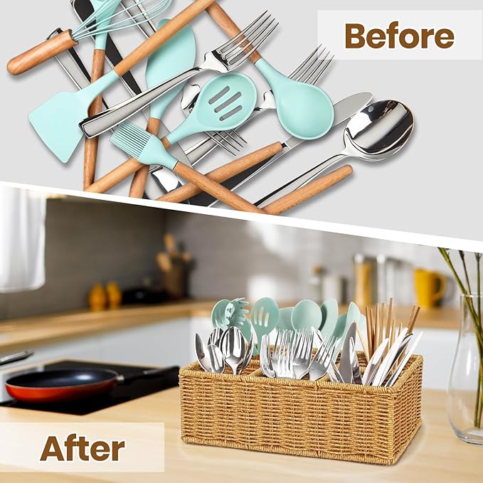 Wicker Silverware Caddy for Party, Woven Rattan Utensil Holder, Knife Fork Spoon Holder, Countertop Cutlery Storage Box, Cabinet Tabletop Silverware Organizer (Brown Gold)