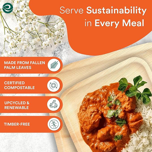 ECO SOUL 7&10 Inch Disposable Palm Leaf Bundle Plates [100 Pack] Premium Food-Safe Heavy Duty Compostable Bamboo Paper Plates for Lunch, Dinner, Weddings, Party, Camping & Catering Events [Square]