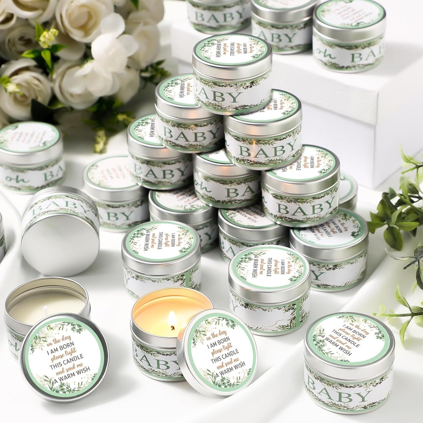 MTLEE 24 Pcs Leaf Baby Shower Party Favors Candles Lavender Scented Baby Shower Favors for Guests Rustic Tealights Candles Gender Reveal Return Gifts Girl Boy(1.2 Oz, Green)