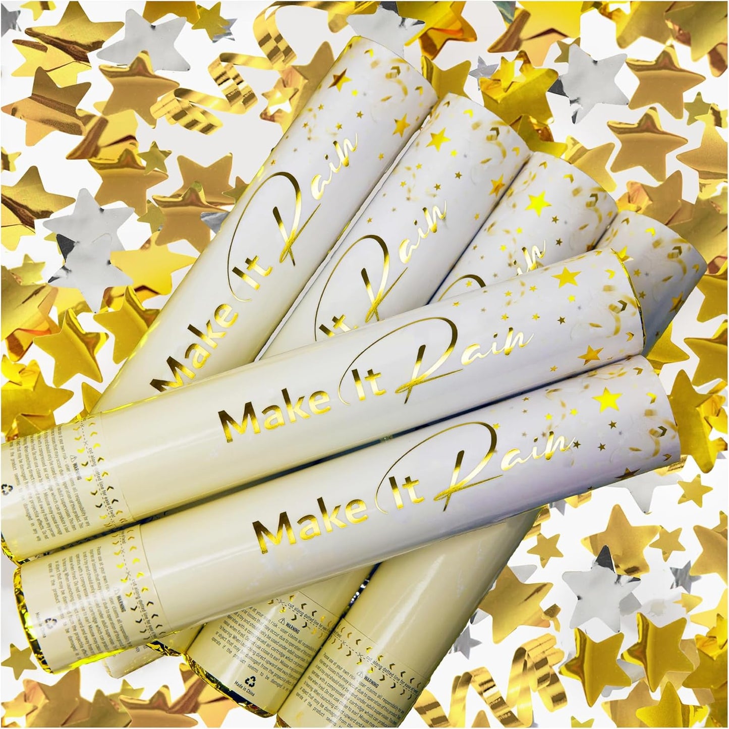 PrimePure Confetti Cannon Party Poppers - Gold Star Confetti Poppers & Streamers - 6 Pack - New Years Party Cannon - Gold Glitter Stars Pop Gun for NYE 2026, Wedding, Birthday, Celebration, Pranks