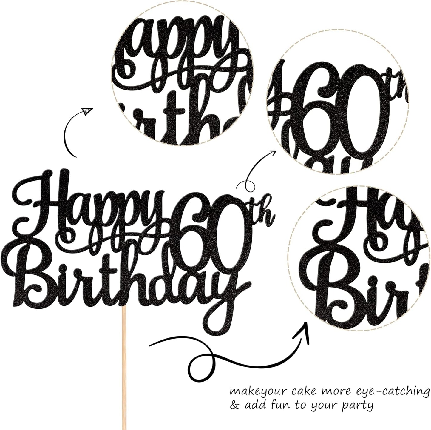 1 PCS Happy 60th Birthday Cake Topper Glitter Cheers to 60 Years Birthday Cake Pick 60 Fabulous Cake Decoration for Happy 60th Birthday Anniversary Party Decorations Supplies Black