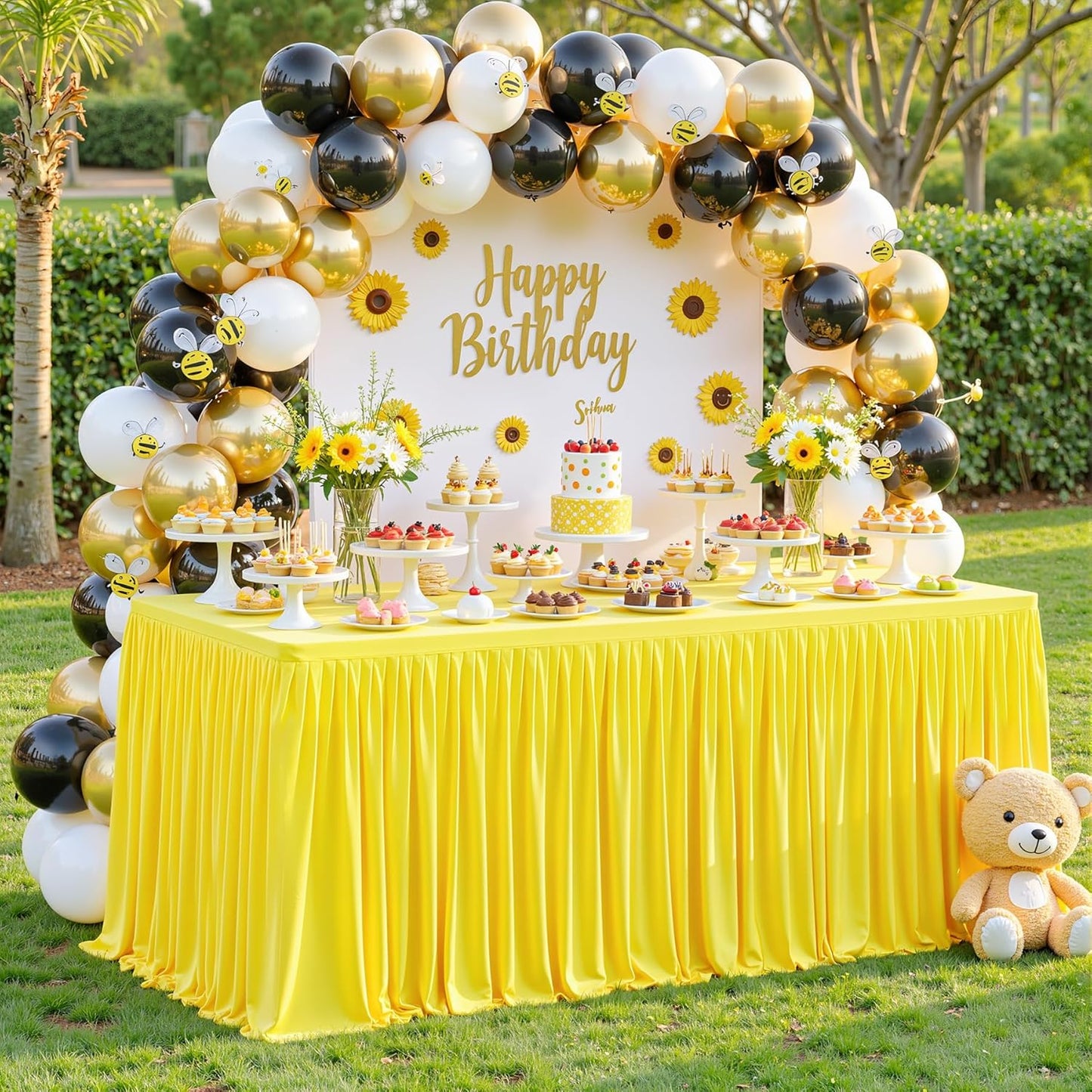 Yellow Polyester Table Clothes for 4 Foot Rectangle Tables, Wrinkle Free Fitted Table Cover with Pleated Ruffle Table Skirt for Birthday Party Wedding Trade Show Event Display