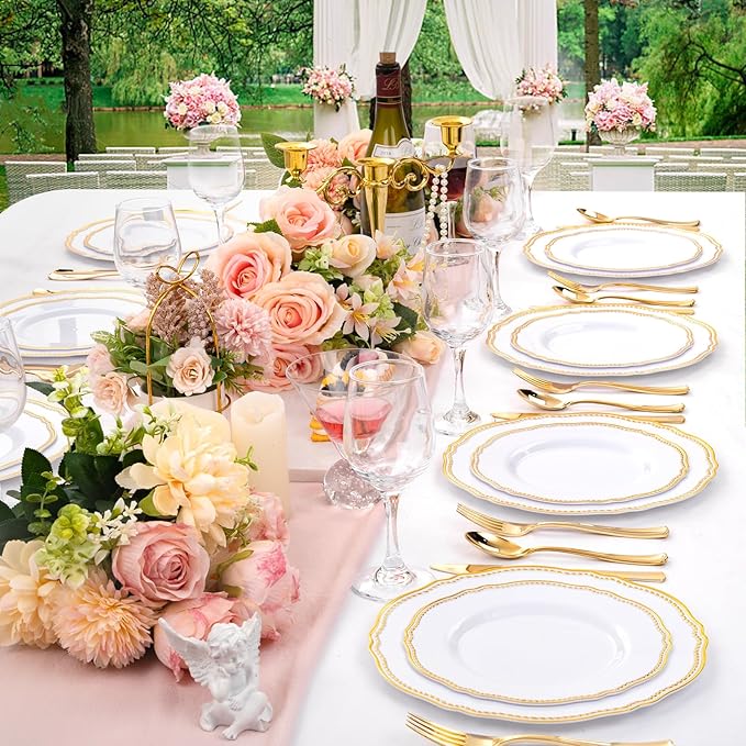 Hioasis 60pcs Gold Plastic Plates - White and Gold Disposable Dinnerware with Gold Rim, Heavy-duty, 7 inch, Dessert Plates for Party & Thanksgiving