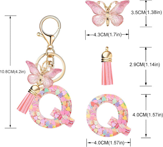 Fashion Alphabet Initial Letter Keychain Tassel Butterfly Pendant Key Ring for Purse Handbags Women Girl