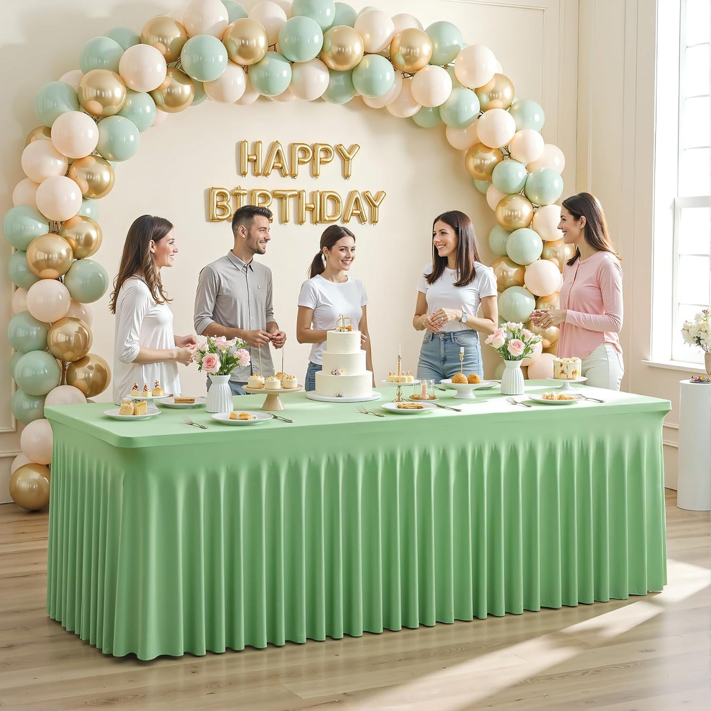 2 Pack Spandex Sage Green Fitted Table Cloth for 8ft Rectangle Tables Sage Green Stretch Tablecloth Table Covers Skirt Banquet Wrinkle Free Tablecloths for Parties Wedding