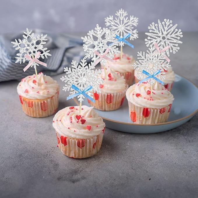 24Pcs Snowflake Cupcake Toppers Silver Glitter Pink Blue Bow Snowflake Gender Reveal Cake Toppers Decorations for Baby Shower Winter Wonderland Christmas Party Supplies
