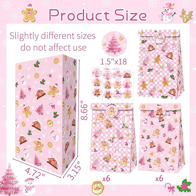 Inshinern 12 Pcs Pink Christmas Tree Party Favor Bags Small Christmas Gift Bags with Stickers Snowman Candy Cane Bag for Gingerbread Man Theme Birthday Baby Shower Decorations, Xmas Party Supplies