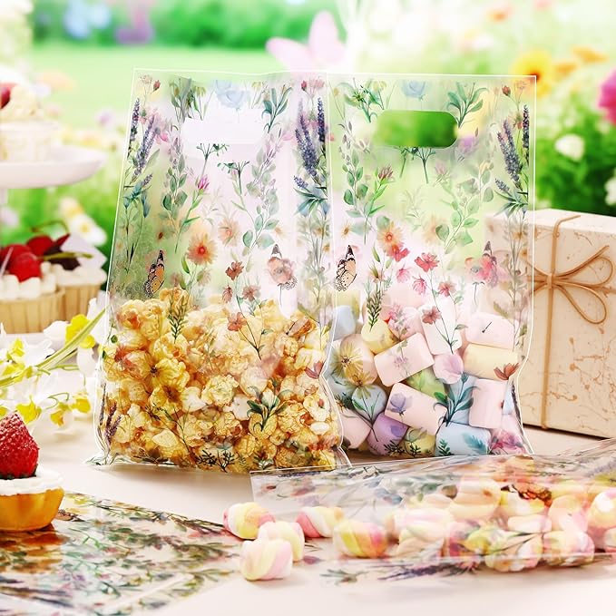 Bulyoou 100 Pcs Wildflower Gift Bags Vintage Wildflower Party Favor Bag with Handle Plastic Goodie Candy Treat Gift Wrapping for Wedding Baby Shower Birthday Party Favors Supplies(Vintage)