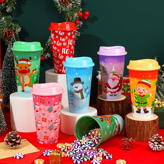Jansun 12pcs Christmas Color Changing Hot Cups with Lids 16Oz Reusable Plastic Coffee Cups for Party Decorations Winter Christmas Cups for Holiday Birthday Party Favors Supplies
