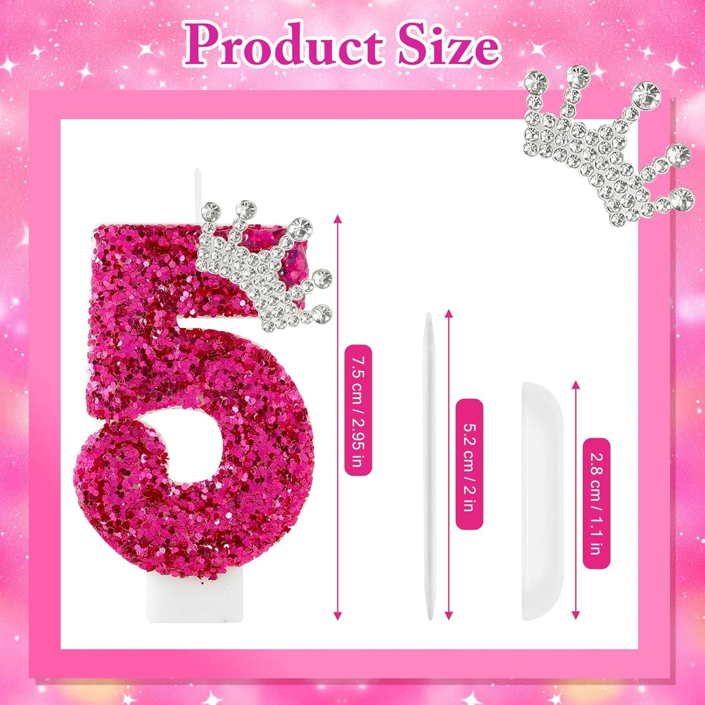 Hot Pink Birthday Candles Crown Number 5 Candle 5th Birthday Party Decorations Cake Topper Cupcake Decor for Anniversary Celebrations Supplies