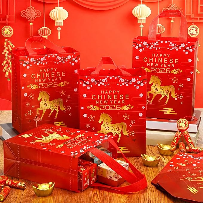 Supervitae 24 Pcs Chinese New Year 2026 Gift Bags with Handle Horse Lunar New Year Gift Bag Spring Festival Red Goodie Treat Party Supplies for Family Neighbor Friend Party Decor(9.8" x 7.9" x 3.9")