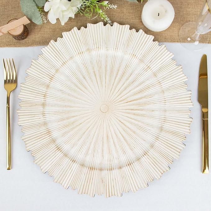 Efavormart 6 Pack | 13" Metallic Antique White Sunray Acrylic Plastic Serving Plates, Round Scalloped Rim Disposable Charger Plates