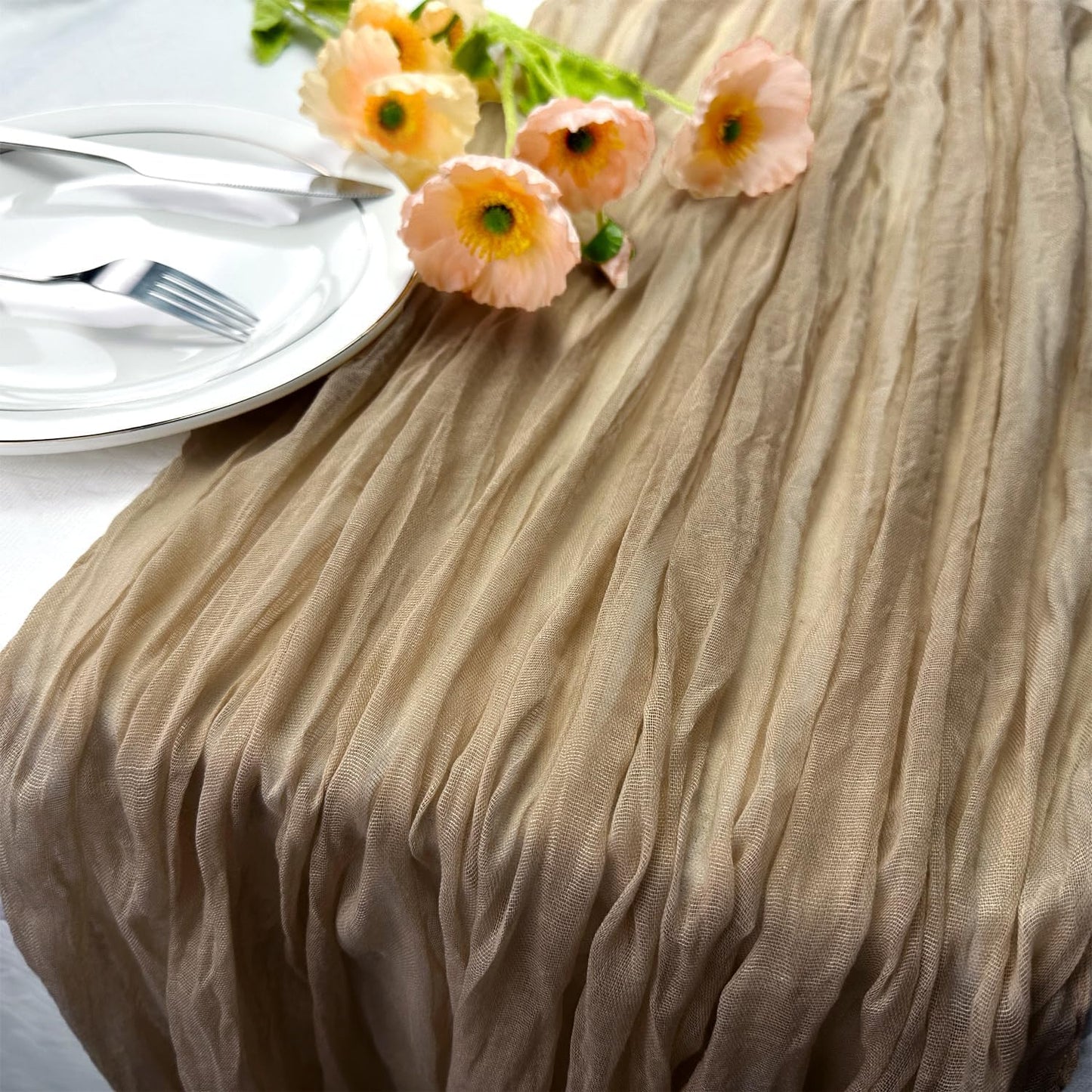 Booque Valley Nude Cheesecloth Table Runner 120 Inch 10ft Super Soft Boho Wrinkled Gauze Sheer Cloth for Baby Shower Birthday Bridal Shower Wedding Centerpiece Table Decoration, 3 Pack, Tan