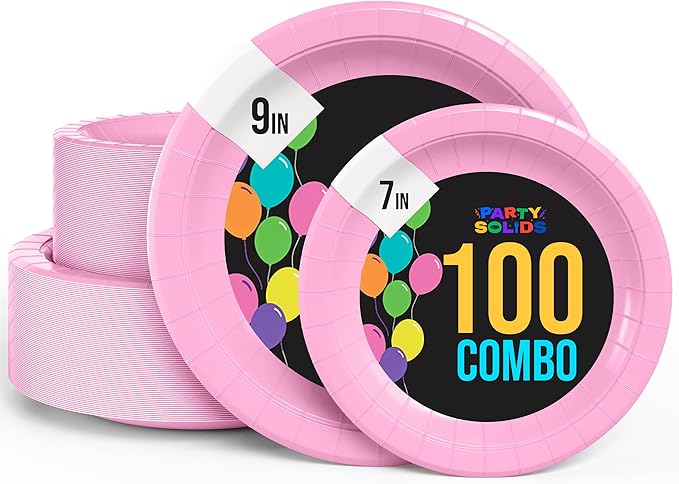 Exquisite Pink Paper Plates Disposable Heavy Duty 100 Pcs - 50-7" & 50-9" Pink Disposable Plates For Party Heavy Duty Paper Plate 350 GSM Birthday Party Supplies Plate Set