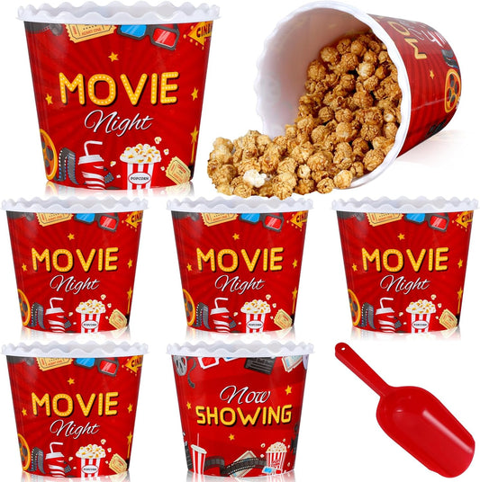Roshtia 6 Pieces Plastic Popcorn Containers Reusable Buckets 75 oz Popcorn Boxes Bowl with Scoop Retro Style Red Plastic Scoop Set for Movie Theater Night(Movie)