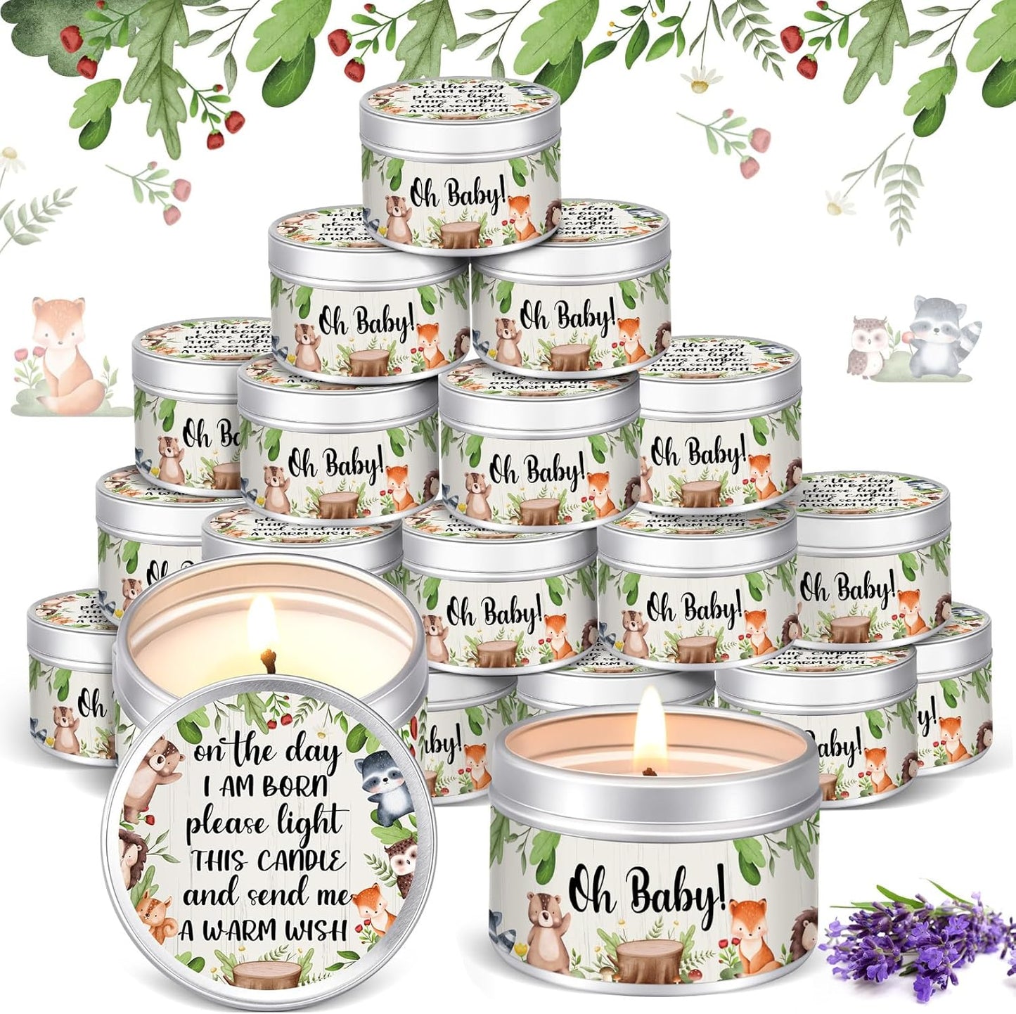 MTLEE 24 Pcs Woodland Animals Baby Shower Party Favors Candles Lavender Scented Baby Shower Favors for Guests Rustic Tealights Candles Gender Reveal Return Gifts Girl Boy (1.2 Oz, Colorful)