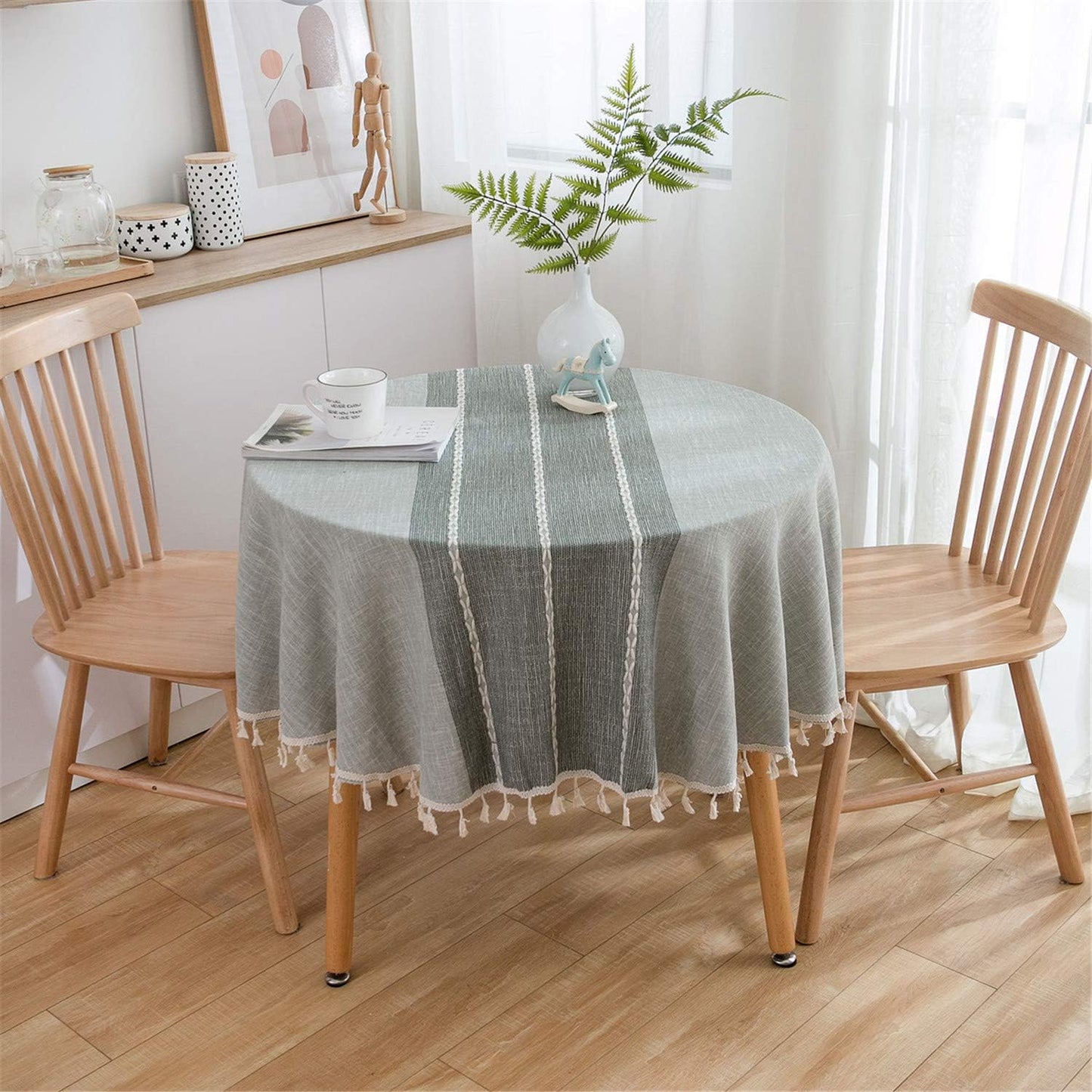 Heavy Weight Cotton Linen Tablecloth - Round 60 Inch Tablecloth - Tassel Stitching Table Cover for Kitchen Dining Room Tabletop Decoration - Gray