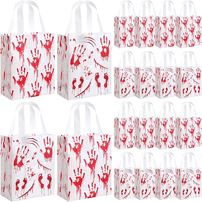 Wovnet 30 Pcs Halloween Party Favor Gift Bags Bloody Handprint Reusable Non Woven Goodie Treat Bags with Handle Horror Theme for Halloween Party Supplies 10 x 8 x 4in