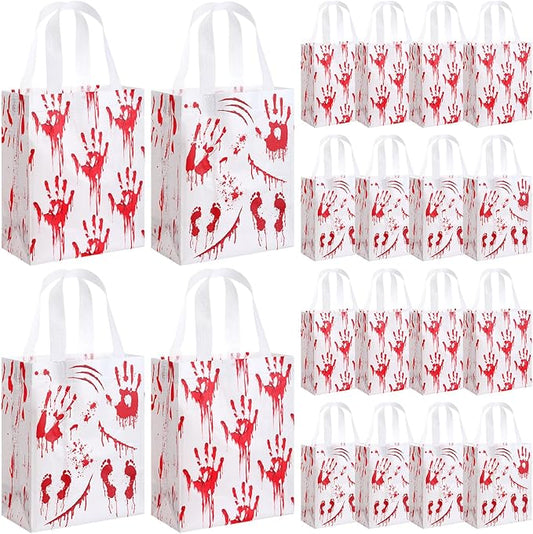 Wovnet 30 Pcs Halloween Party Favor Gift Bags Bloody Handprint Reusable Non Woven Goodie Treat Bags with Handle Horror Theme for Halloween Party Supplies 10 x 8 x 4in