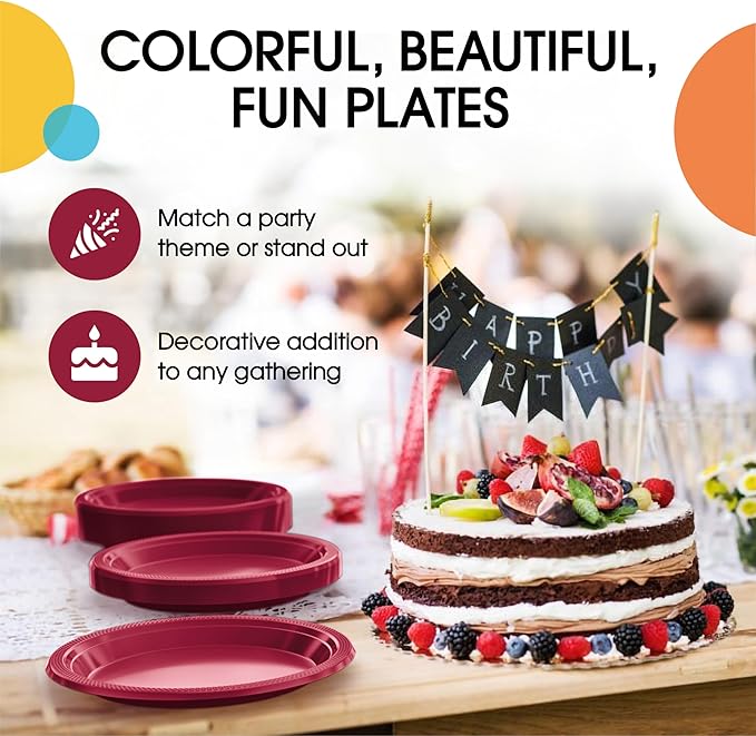 Party Solids Burgundy Plastic Plates For Party Supplies, Burgundy Disposable Plates 100 Pieces - 50-7" & 50-9" Heavy Duty 350 GSM Disposable Dinnerware Sets, Plastic Dinnerware Sets