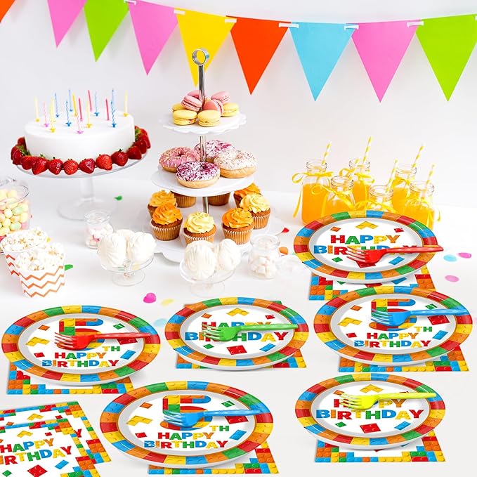 96 Pcs Building Blocks 5th Birthday Paper Plates and Napkins Building Bricks 5th Happy Birthday Tableware Set Brick Theme Party Disposable Plates Set for Boys Kids 5 Years Old Party Decorations