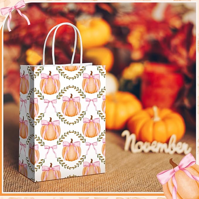 Kolldenn 16 Pcs Coquette Pumpkin Bow Paper Gift Bags Women Birthday Thanksgiving Party Favor Goodie Candy Bags with Handles for Bridal Engagement Party Supplies 8.3 x 5.9 x 3.1 In(White, Pumpkin Bow)