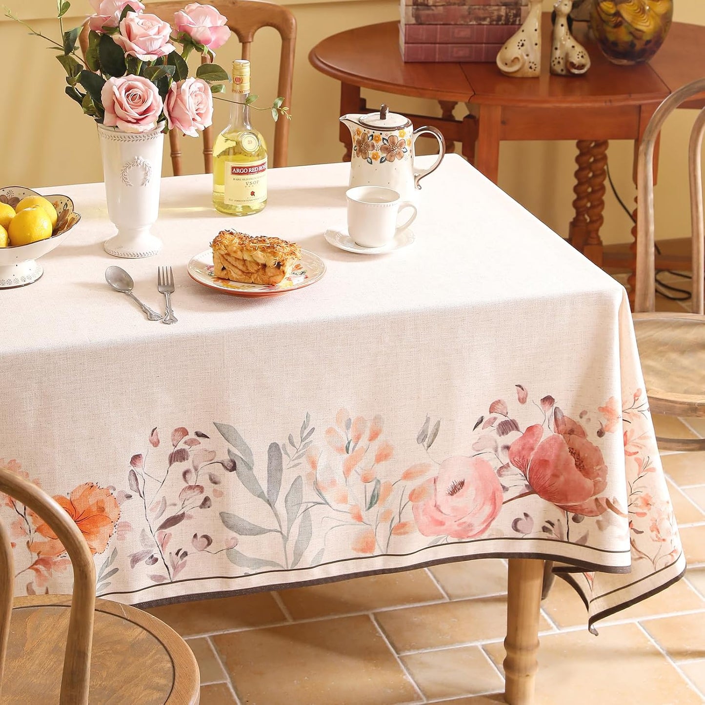 Linen Small Rectangle Tablecloth,French Pink Floral Pattern Wrinkle Free Table Cloth,Decorative Table Cover for Kitchen,Dining,Tea Party,Thanksgiving,Christmas,55"*71"-Sloosa