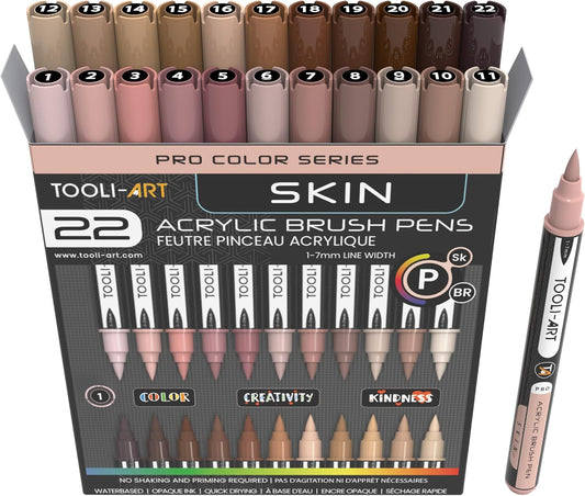 22 Flexible Brush Tip Acrylic Paint Pens Markers Set 1-7mm Line for Rock Painting, Brush Lettering, Glass, Mugs, Wood, Metal, Canvas, Fabric, Plastic. Non Toxic Waterbased Quick Drying Assorted Skin