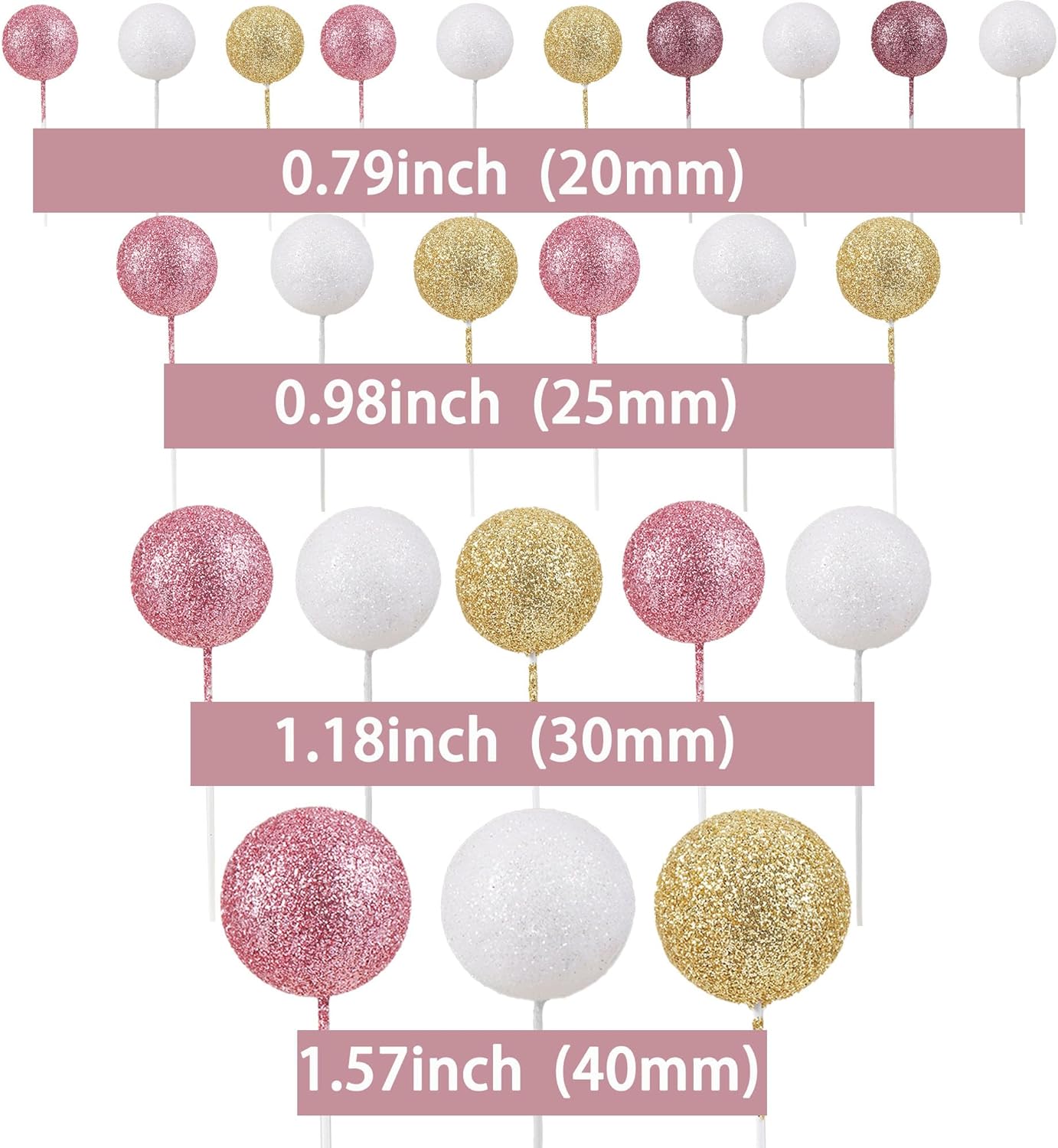 30Pcs Glitter Balls Cake Topper Mini Balloons Cake Toppers Foam Ball Cake Decorations Baby Shower Wedding Anniversary Graduation Birthday Party Supplies Champagne Gold White Rose Gold