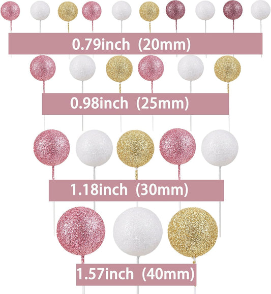 30Pcs Glitter Balls Cake Topper Mini Balloons Cake Toppers Foam Ball Cake Decorations Baby Shower Wedding Anniversary Graduation Birthday Party Supplies Champagne Gold White Rose Gold
