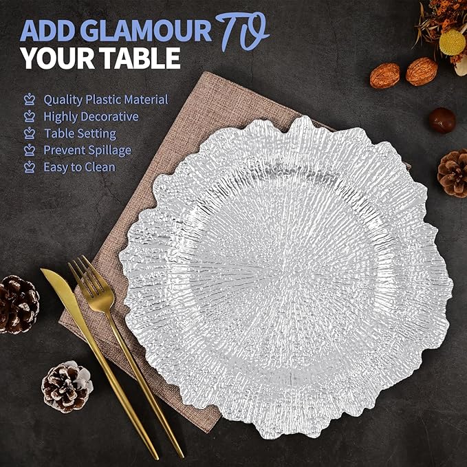 50 Pcs Silver Charger Plates Bulk 13 Inch Plastic Charger Plates for Dinner Plate, Silver Chargers for Table Setting, Reef Design Plate Floral Decorative Round Chargers for Wedding Party, Event