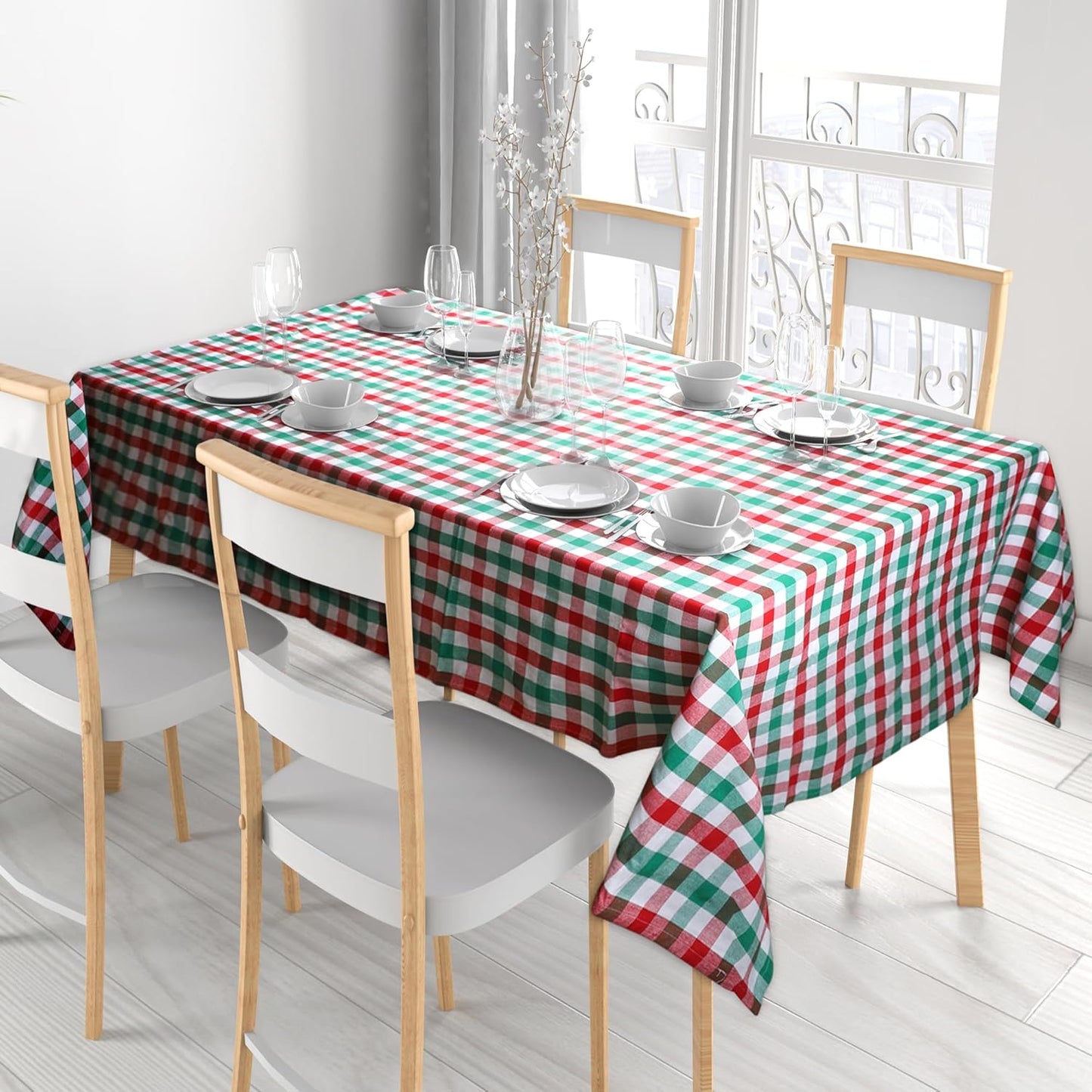 Urban Villa Tablecloth Christmas Tabletop Cover Kitchen Dining Tablecloth 100% Cotton Holiday Celebrations Wedding Dinner Parties Red/Green/White Color Rectangle 60X84 Inches 6-8 Seats Table Cloth