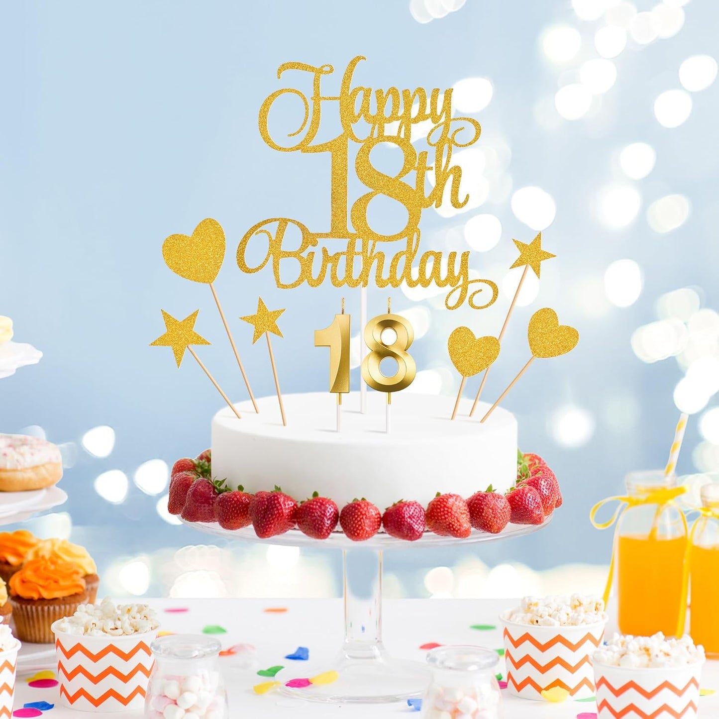 18th Birthday Cake Decorations, 18th Birthday Candles Cake Numeral Candles and Glitter Happy 18th Birthday Cake Toppers Set for Birthday Party Supplies (Gold)