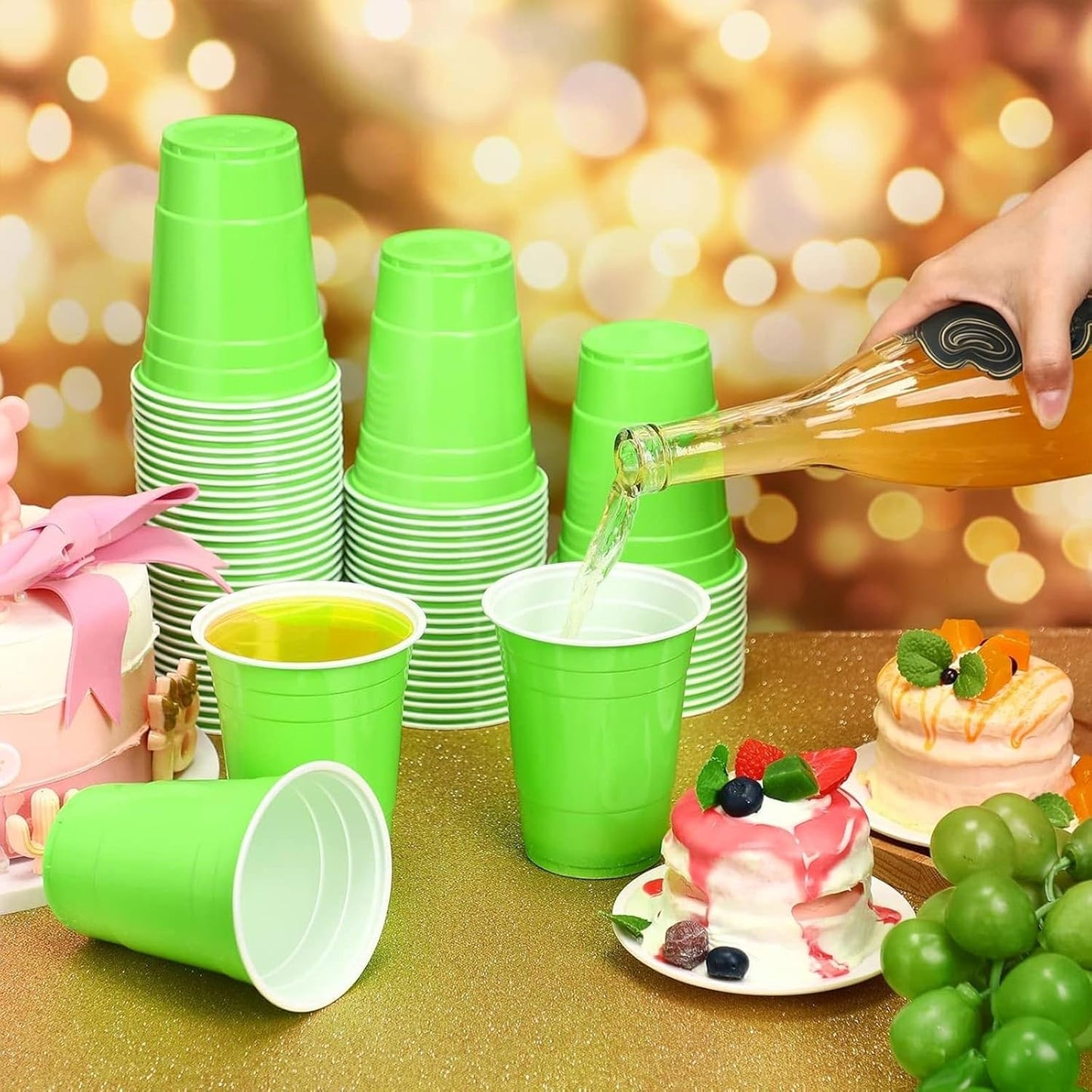 Lounsweer 100 Pack 16 Ounce Christmas Plastic Party Cups Disposable Heavy Duty Drinking Water Cups for Holiday Christmas Festival Wedding New Year Birthday Party Supplies(Fluorescent Green)