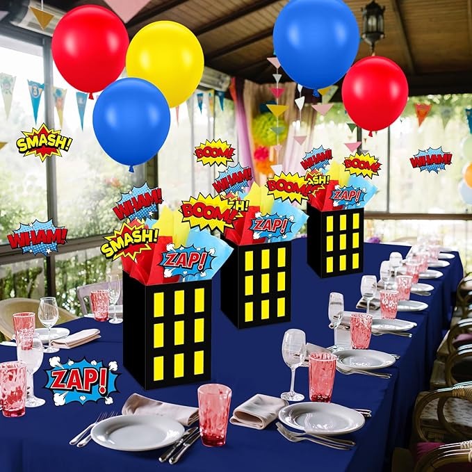 4 Sets Hero Theme Party Decoration Hero Boxes Centerpiece (7.9 x 5.1 x 5.1 Inch) Sticks with Tissue Paper Standing Cards Birthday Baby Shower Party Supplies (Yellow)