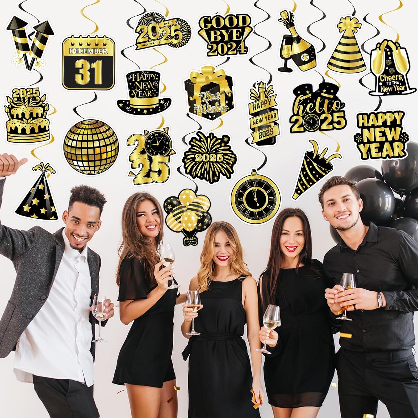 40Pcs Happy New Year Decorations Hanging Swirls, Black and Gold Happy New Year Hanging Swirls Ceiling Decor Happy New Year Hanging Decorations New Year's Eve Party Decorations Supplies 2025