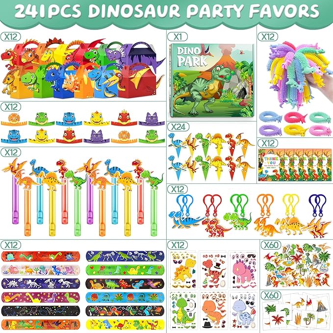 12 Pack Dinosaur Birthday Party Favors Decorations Supplies for Kids, Dino Theme Goodie Bags Fillers with Silicone Fidget Stretch Toys, 3D Dino Boxes, Bubble Wands, Hats, Slap Bracelets, Stickers