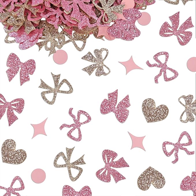 240 Pcs Pink Bow Confetti, Bow Theme Glitter Table Scatter for Coquette Baby Shower and Bachelorett Party Decoration (champagne)