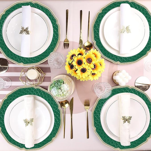 Green Scallop Charger Plates, Set of 6 Plastic Wedding Bulk Plate Charges for Dinner Plates, Table Decoration, Holiday, Thanksgiving, Christmas.