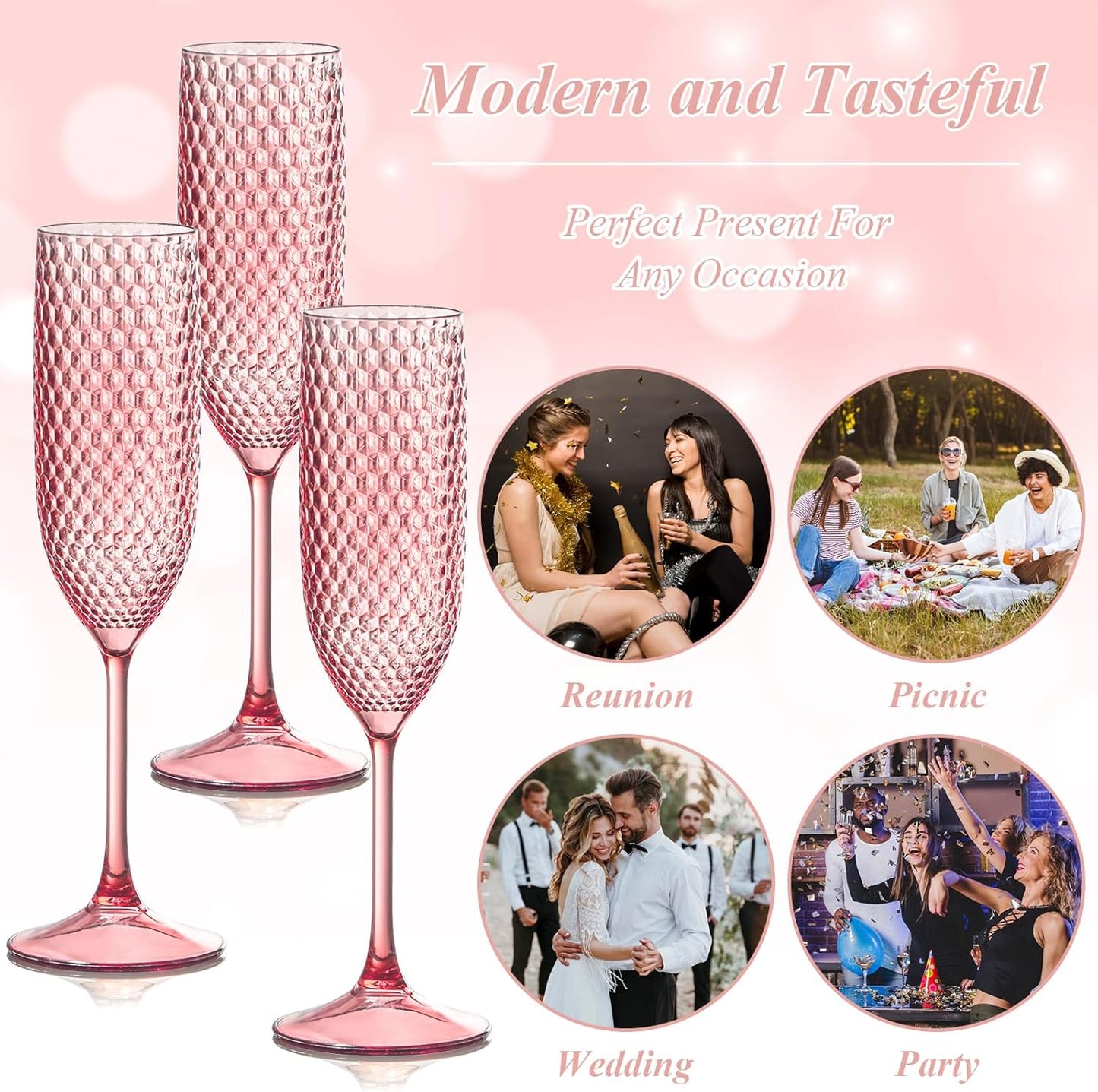Plastic Champagne Flutes Champagne Glasses Unbreakable Wedding Toasting Glasses Reusable Diamond Wine Glasses Crystal Clear Party Wine Cups Vintage Drinking Glasses 5.5 OZ for Wedding (24, Pink)