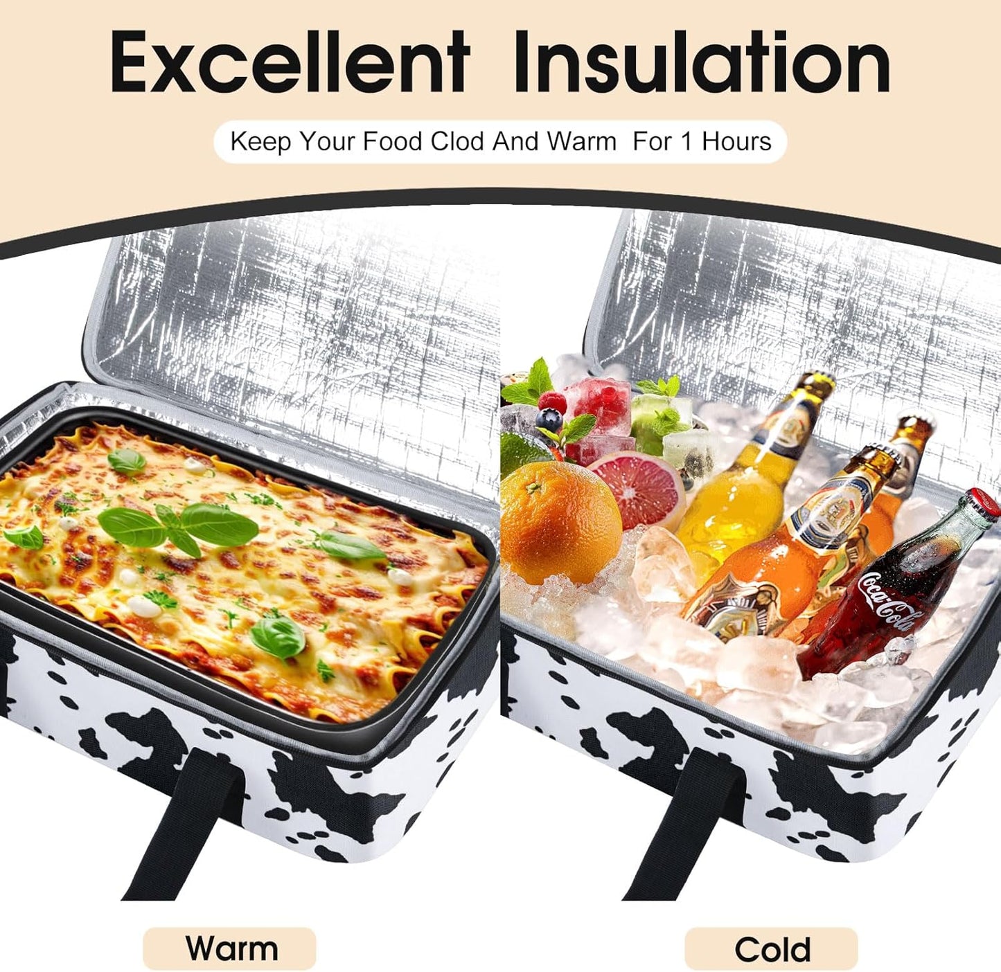 Insulated Casserole Carrier, Portable Casserole Carrier for Hot or Cold Food Lunch Tote Warmer or Cooler Bag, Lasagna Lunch Bag for Potluck Parties- Fits 9" x 13" Baking Dish-Cow Pattern
